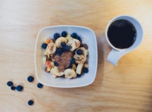 Bowel with nuts and banana and blueberries and oats with a cup of coffee highlighting food allergies as a possible cause of Irritable Bowel Syndrome