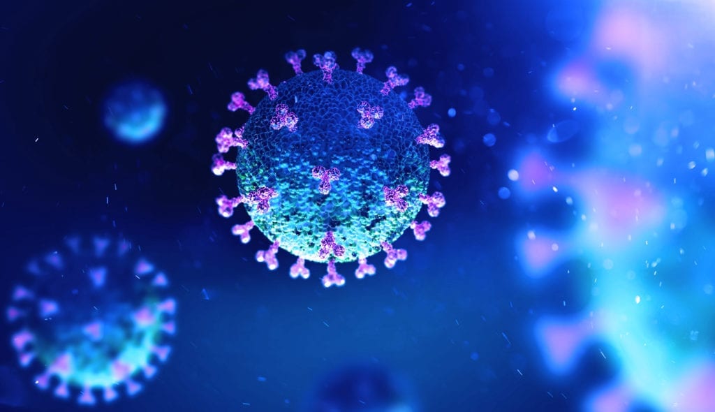 COVID-19 rendering in blue and teal and purple closeup of virus with crown